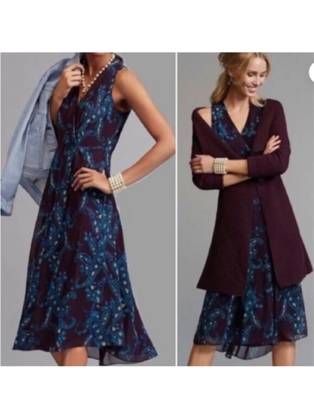 CAbi Treasure Paisley #3461 Floral Pocket Midi Dress Blue Plum Short Sleeve 12 - Picture 11 of 13